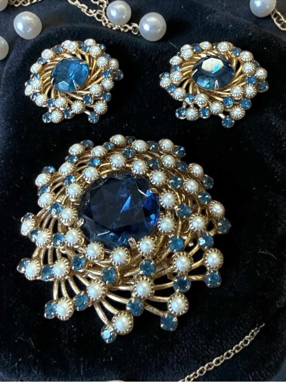 VTG 1950s Judy Lee Blue Moon & Pearl Stars Brooch Earrings Set Demi Parure